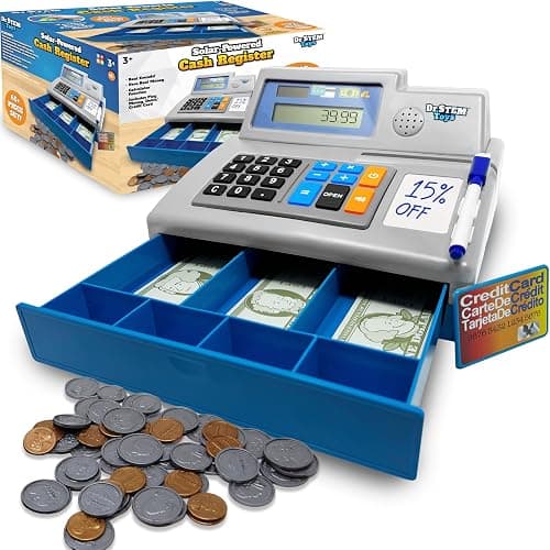 Dr. STEM Toys Solar Powered Calculator Pretend Cash Register with Play Money – 67-Piece Set for Learning Math Skills, STEM Cash Register for Kids (Gray) - Image 1