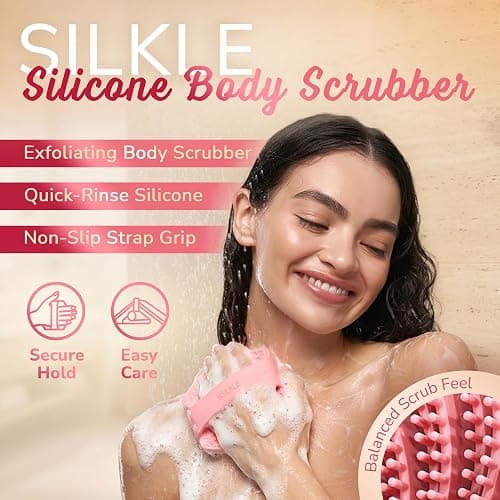 SILKLE Silicone Body Scrubber – Gentle Exfoliating Shower Scrubber for Body & Bath, Silicone Shower Brush & Loofah Alternative – Non-Slip Silicone Body Brush, Quick Dry, Hygienic - Pink thumbnail 2