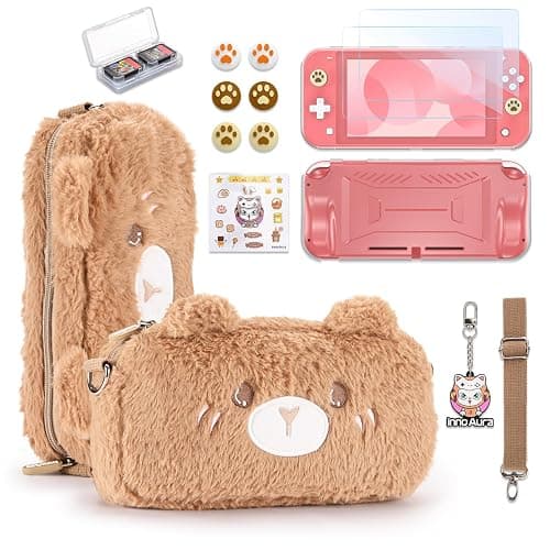 innoAura Switch Lite Case, 14-in-1 Accessories Bundle with Cute Carrying Case, Screen Protector, Thumb Caps (Brown Bear) - Image 1