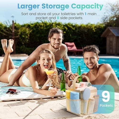 Mesh Shower Caddy for College Dorm Room Essentials for Girls with 9 Pockets,Large-Capacity Shower Basket,Quick Dry Toiletry Tote Bag for Women,Outdoor Gym,Travel,Swim,Beach Camping Essentials-Beige thumbnail 2