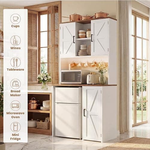 Unikito Mini Fridge Cabinet with Storage, Outlet and LED Light, White | 74" Coffee Bar Cabinet, Liquor Wine Bar Stand with Mini Fridge Space & Microwave Shelf, Beverage Station for Home Kitchen thumbnail 6