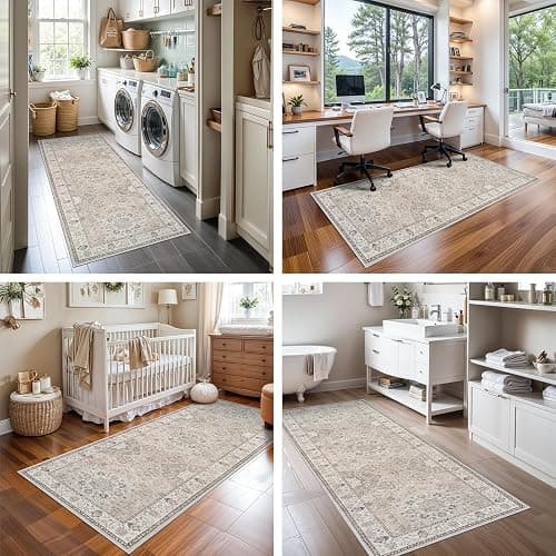 2x6 Hallway Washable Runner Rug : Vintage Soft Kitchen Laundry Runner with Non Slip Backing Farmhouse Entryway Living Room Floor Mat Stain Resistant Carpet for Bedroom Bathroom Distressed Beside Rug thumbnail 7