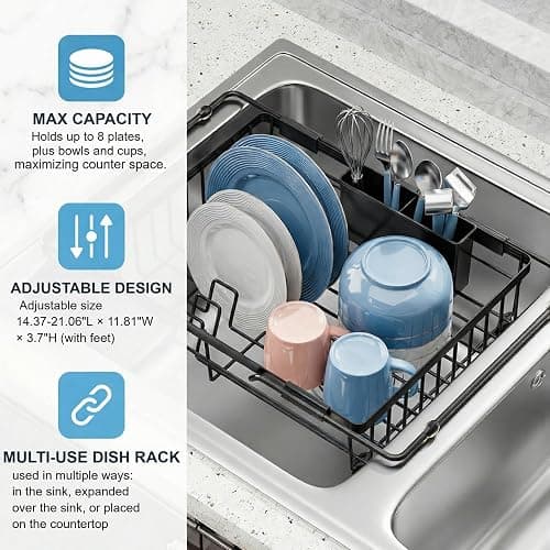 Expandable in Sink Dish Drying Rack - Adjustable Capacity Over The Sink Dish Drainer Drying Rack with Utensil Holder for Kitchen Counter, Drying Rack for Small Space,14.96“L x 11.81“W x 3.74”D thumbnail 3