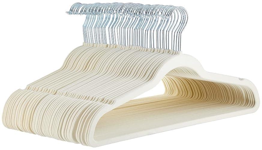 Amazon Basics Slim, Velvet, Non-Slip Sturdy Clothes Hangers, 50-Pack, Ivory/Silver - Ivory/Silver - Pack of 50