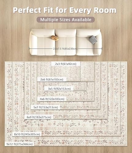 Rugs for Living Room 5x7 Rug, Washable Floral Boho Area Rug Non Slip Soft Low Pile Large Rugs for Bedroom Girls, Dining Room, Office, Kids Playroom(5'x7', Floral Beige) thumbnail 9