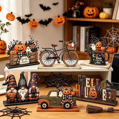 Halloween Decor Indoor, Halloween Table Decorations Indoor for Home | 6 Pcs Halloween Pumpkin Gnome Ghost Decorations Farmhouse Wooden Halloween Party Centerpiece Signs Decor for Kitchen Office thumbnail 6