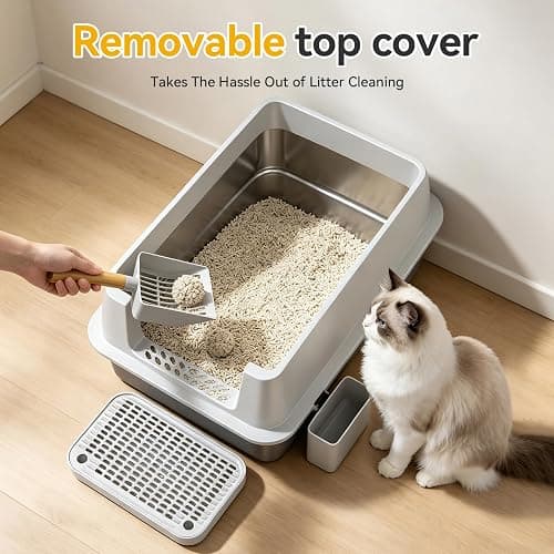 Tevila XL Enclosed Stainless Steel Litter Box with Lid, Light Gray | covered, High Sided, Rustproof & Leak Proof, Easy Clean, Odor Control, Includes Scoop & Step thumbnail 8