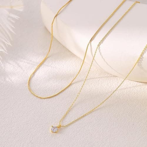 ROAMORE 2 PCS Layered Necklaces For Women 14K Gold Plated Stackable Chain Choker Dainty Silver Layering Necklace Cubic Zirconia Pendant Set Simple Jewelry thumbnail 5