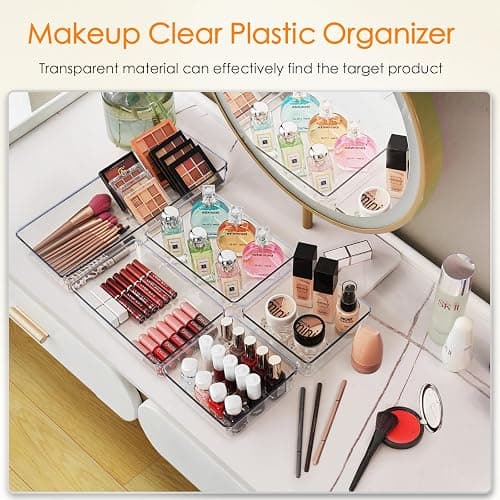 Criusia Drawer Organizer, 10 Pack Large Clear Plastic Set, 3 Size Versatile Bathroom and Vanity Organizer Trays, Storage Bins for Makeup, Bedroom, Kitchen Utensils thumbnail 5
