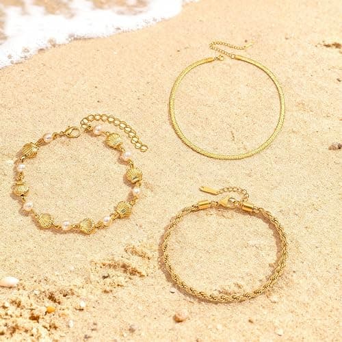 Gold Shell Bracelet Stack Dainty Gold Chain Bracelets Seashell Starfish Beaded Pearl Bracelet Boho Summer Beach Jewelry Trendy Stuff Gifts thumbnail 6