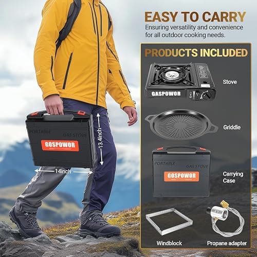 Propane or Butane Stove with Windblocker, Dual Fuel 10,000 BTU Portable Gas stove for Camping, Automatic Ignition Gas Stove with Adapter Hose Carrying Case & Griddle for Hiking (Fuel Not Included) thumbnail 6