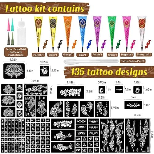 8PCS 8 Colors Tattoo Inks Temporary Tattoos Kit, 2 Draft Practice Pen with 14 Sheet 135 Stencil Designs, DIY Body Painting Art for Beginners & Pros, Tattoo Gifts Set for Valentine Party Holiday thumbnail 2