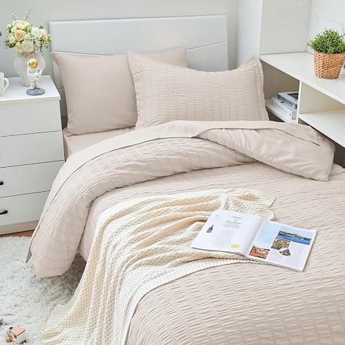 HYMOKEGE Beige Twin XL Comforter Set Seersucker 5 Pieces, All Season Luxury Bed in a Bag for Bedroom, Bedding Set with Comforter, Sheets, Pillowcase & Sham thumbnail 2