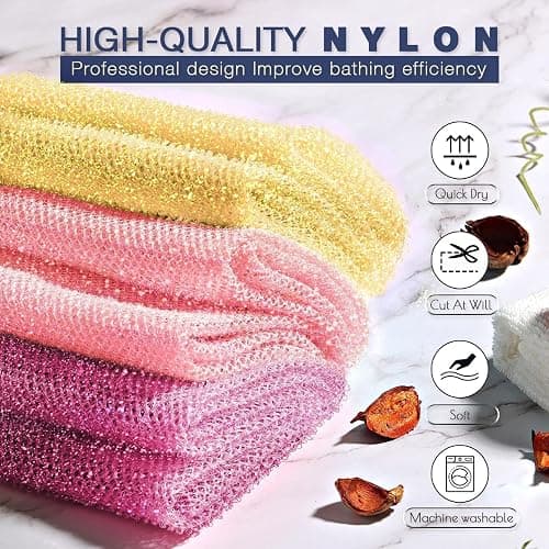 3 Piece Bright Style African exfoliating net Exfoliating Shower Set Long Bath Sponges for Smooth, Refreshed Skin, The Exterior Gleams - Ideal for Daily Use (Bright Yellow, Pink, Purple) thumbnail 4
