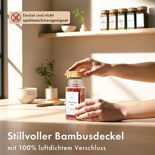 EDELHAUS Gewürzgläser Eckig Set mit Bambusdeckel (24 x 120ml) Gewürzstreuer mit Streueinsatz und 240 Etiketten Weiß - Holzdeckel Gewürzbehälter, Gewürzdosen, Gewürze organizer [11cm x 4,5cm] thumbnail 2