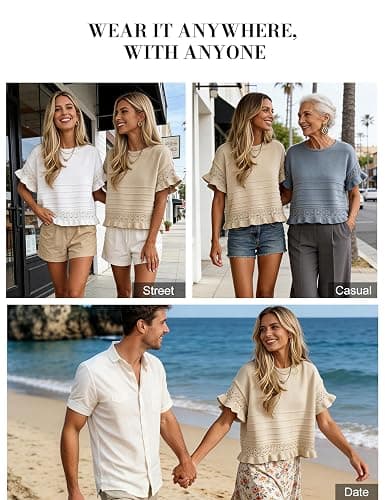 Yeokou Womens Short Sleeve Sweater Round Neck Ruffled Hem Knit Crochet Pullover Summer Fall Casual Top Blouse thumbnail 6