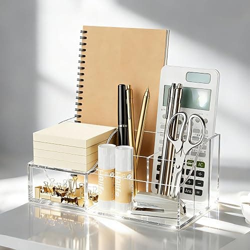 HBlife Acrylic Desk Organizer with Drawer, Pen & Pencil Holder, Multifunctional Desktop Caddy for Office Supply and Organization (Clear) thumbnail 5