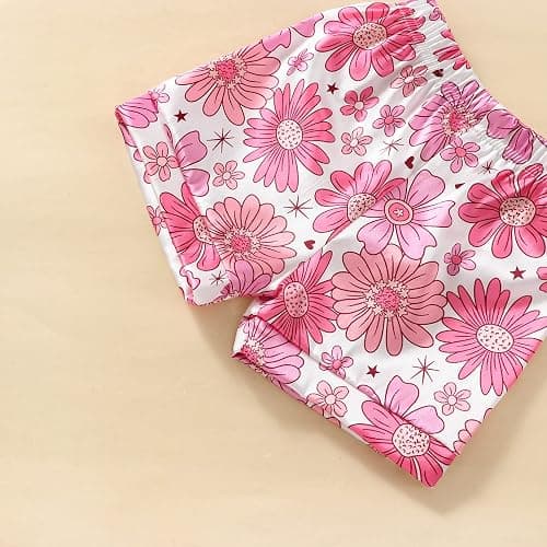 Qiylii 1-6Y Toddler Girls Floral Silk Pajamas Short Sleeve Button-Up Top Shorts Summer 2PC Flowers Satin Pajamas Set thumbnail 6