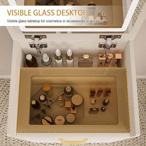 3 in 1 Vanity Desk with Plip Top Mirror and Lights,Compact Vanity Set with Visible Glass Desktop,Small Makeup Vanity Table with 3 Drawers,Cushioned Tool,3 Light Mode,Brightness Adjustable,White thumbnail 5