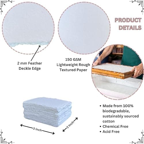 Handmade Cotton Paper with Deckle Edge Recycled Cotton Rag Mixed Media Card Stock for Placecard/Escort Cards, Place Cards, Vow Cards, Business Card (150gsm, 2x3 inch "A8", 50 Pack) thumbnail 3