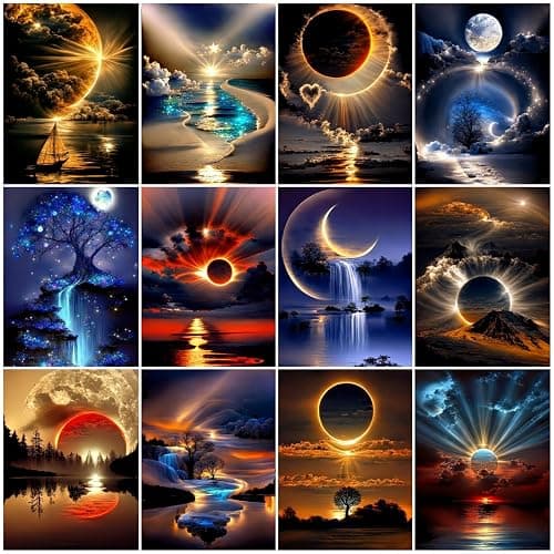 12 Pack Diamond Art Kits for Adults, Sunset Landscape 5D Diamond Painting for Adult Beginners,DIY Full Drill Round Gem Painting Dot Art Sets,Home Wall Decor 9.8x13.8 Inch - Image 1