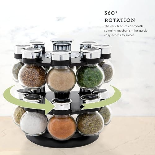Kamenstein 16 Jar Ellington Revolving Countertop Spice Rack with Lift & Pour Caps and Spices Included, FREE Spice Refills for 5 Years: Black and Chrome thumbnail 5