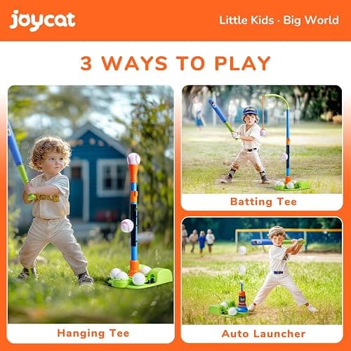 JoyCat 3-in-1 T Ball Set for Kids 3-5,Toddler Baseball Set-T Ball Stand,Hanging Tee,Auto Launcher,6 Balls-Adjustable Height Sports&Outdoor/Indoor Toys for 3 4 5 6 7 8 Year Old Boy Girl Birthday Gift | Adjustable stand switches among tee, hanging-ball and auto-launcher play for indoor or backyard batting practice thumbnail 4