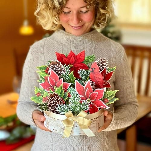 Freshcut Paper Pop Up Cards, Birch Poinsettia, 10 Inch Life Sized Forever Flower Bouquet 3D Popup Greeting Cards, Christmas Card, Holiday Card, Blank Notecard & Envelope - Birch Poinsettia thumbnail 4