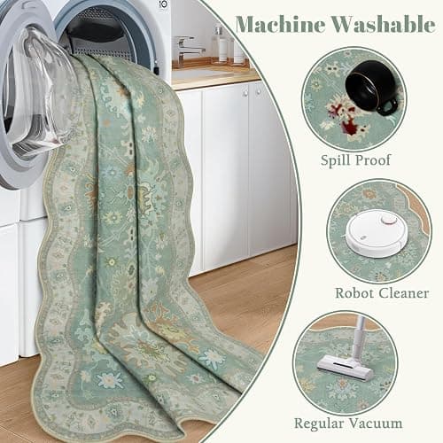LORWER Oushak 2x6 Runner Rug, Washable Green Boho Floral Turkish Retro Runners, Scalloped Ultra Thin Non Slip Low Pile Long Throw Rug for Laundry Room Kitchen Bathroom thumbnail 4