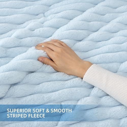 Smoofy Fluffy Queen Size Comforter 3 PCS - Light Blue Fleece Bedding Set | Luxury Fuzzy Plush & Super Soft Bed Set All Season, Heavy Cozy Warm Faux Fur Stripe Comforter with 2 Pillow Cases thumbnail 5