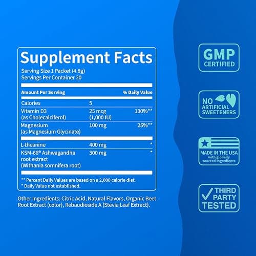 Nello Supercalm Drink Mix - Ashwagandha KSM 66, Magnesium Glycinate & L-Theanine Supplement - Ashwagandha Root Extract - Focus and Relaxation Support (20 Travel Packets) - Peach Berry thumbnail 4