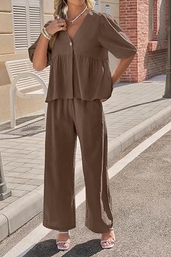 Tankaneo Womens 2 Piece Linen Sets V Neck Puff Sleeve Matching Set | Babydoll Top, Wide Leg Pants, Loose Fit, Summer Vacation Outfit, Beach, Resort, Cute Casual, Breathable Linen thumbnail 2