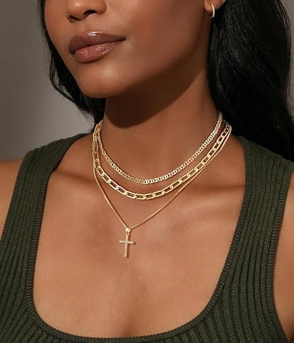 DIFOMI Layered Cross Necklaces for Women, Dainty 14K Gold/Sterling Sliver Plated Cross Necklace Cubic Zirconia Cross Pendant Simple Cuban Figaro Chain Long Snake Necklace Jewelry Gift for Women Trendy thumbnail 5