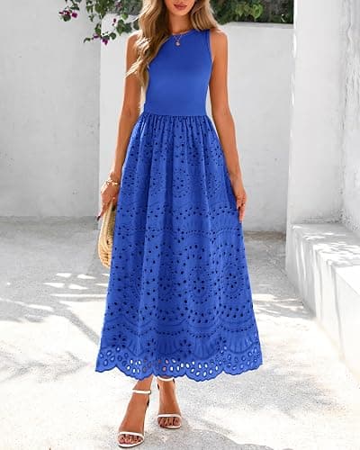 dowerme Women Sleeveless Lace Eyelet Cotton Tank Maxi Dress | Summer Casual Crewneck A-Line Dresses 2026,Fall Knit And Woven Boho Sundress with Pockets,Cute Wedding Beach Vacation Clothes thumbnail 3