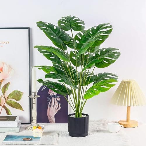 Der Rose 28" Black Pot Fake Monstera Plants, Large Artificial Potted Plants for Indoor & Outdoor Floor Front Porch Modern Decor thumbnail 2