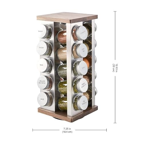 Kamenstein 20 Jar Vintage Revolving Countertop Spice Rack Organizer with Spices Included, FREE Spice Refills for 5 Years, Wood and Stainless Steel with Metal Caps thumbnail 2