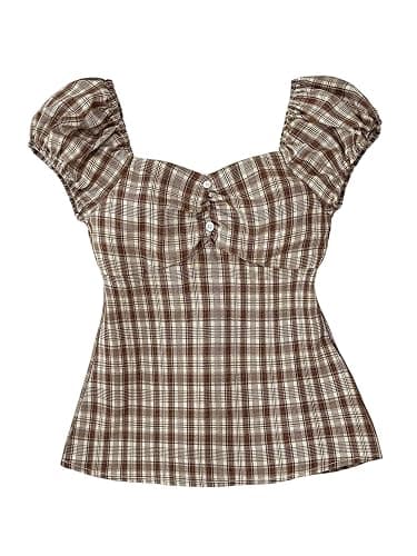 SOLY HUX Girl's Gingham Tops Y2K Cute Blouse Summer Sweetheart Neck Shirts Aesthetic Clothes - Image 1