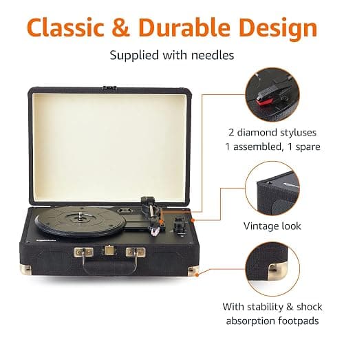 Amazon Basics Portable Suitcase Vinyl Turntable Record Player with Built-in Stereo Speakers, Belt Drive, 3-Speed, Bluetooth Playback, Black thumbnail 3