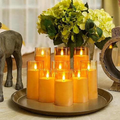 Homemory Amber Flickering Flameless Candles, Battery Operated Acrylic LED Pillar Candles with Remote Control and Timer, Fall Candles, Set of 9 thumbnail 2