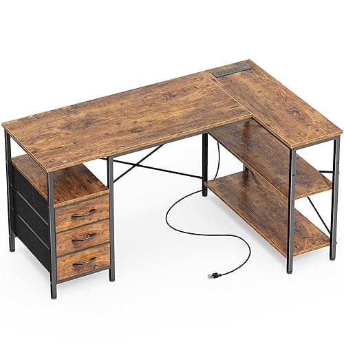 Huuger L Shaped Desk with Power Outlets, Computer Desk with 3 Drawers, 47 Inch Office Desk with Shelves, Gaming Desk, Corner Desk Work Desk for Home Office, Study, Rustic Brown - Rustic Brown - 47inch