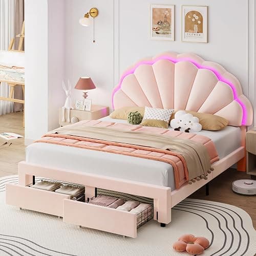 HIFIT Full Size Upholstered Smart LED Bed Frame with 2 Storage Drawers and Adjustable Chic Double Petal Headboard, Princess Platform Bed for Girls, Solid Wood Slats Support/No Box Spring Needed, Pink thumbnail 3