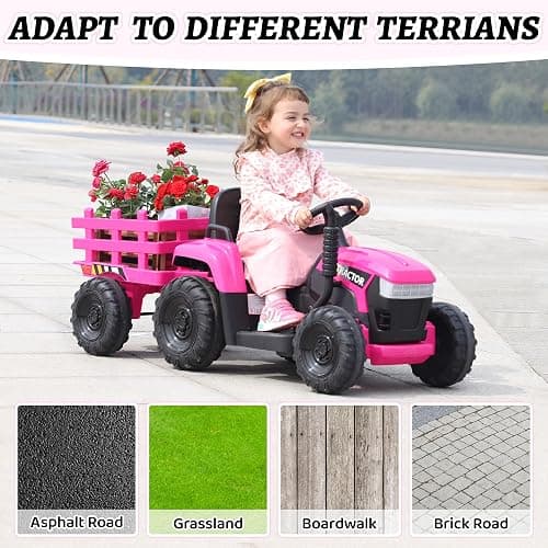 TOBBI Kids Electric Ride On Toy Tractor, Toddlers 12V Battery-Powered Car to Drive, 35W Dual Motor 6-Wheels Trailer Vehicle with 3-Speeds/LED & Horn Functions for Chirdren Aged 3-8-Pink thumbnail 7