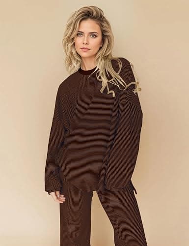 MISSACTIVER Women's 2 Piece Striped Lounge Set Long Sleeve Oversized T-Shirt Wide Leg Pants Matching Pajamas Set thumbnail 2