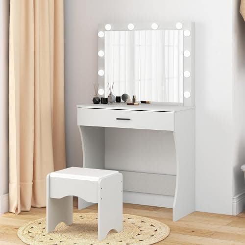 Panana Vanity Desk with Mirror and Lights, Vanity Set Makeup Vanity Table with Adjustable Lights One Drawer Storage Makeup Table with Stool Vanity Desk for Bedroom (White) thumbnail 2