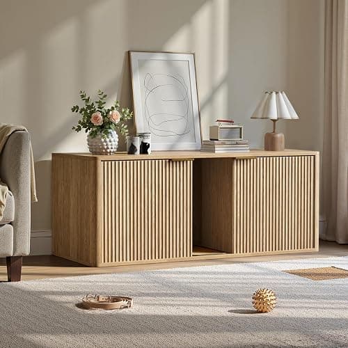 Evermagin 48.8" Double Litter Box Enclosure Furniture for 2 Cats, Large Hidden Oak Litter Box Cabinet with Front Entry, Mid Century Modern Fluted Kitty End Table, Includes Scratching pad thumbnail 3
