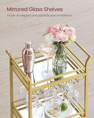 VASAGLE Bar Cart, Home Bar Serving Cart, Small Bar Serving Cart with 3-Tier Shelf, Wine Holders, Glass Holders, Mini Bar Cart for Small Spaces, Kitchen, Dining Room, Living Room, Pale Gold thumbnail 5