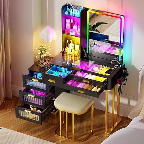 HNEBC Vanitys with HD Glass Display Table, Makeup Desk with Lighted Mirror and Charging Station, Dressing Table with RGB Lights,Jewelry Organizer,Cabinet,6Drawers,Chair for Women/Girls (Black) - Image 1