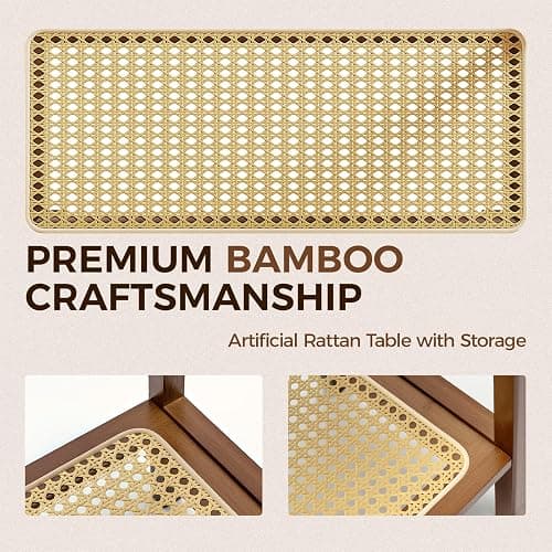 Rattan Side Table Mid Century Modern End Table Living Room 2-Tier End Table with Rattan Storage Shelves for Small Space Night Stand Narrow Coffee Table Boho Bamboo Small Bedside Table thumbnail 4