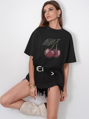 CSDAJIO Trendy Crew Neck Oversized T Shirts for Women Short Sleeve Loose Graphic Tee Summer Lace Top thumbnail 6