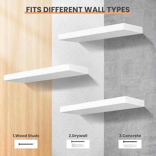 upsimples 16.5" L White Floating Shelves, Wooden Wall Shelves, 3 Pack | Invisible Brackets, Easy to Install, Wall Mounted, For Bedroom, Living Rooms, Kitchens, or Study Areas thumbnail 7